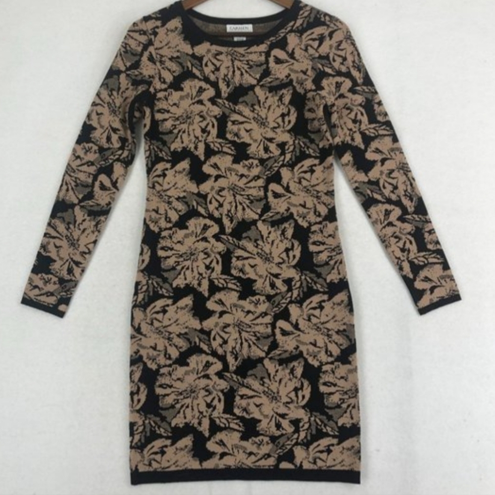 Carmen Marc Valvo Black and Tan Leaf Pattern Sweater Dress